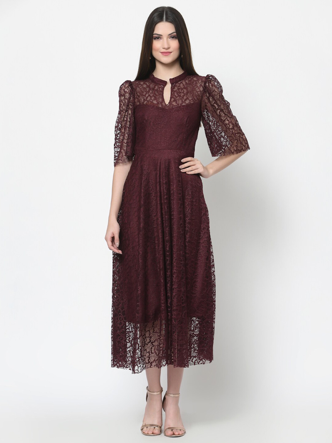 Buy Just Wow Burgundy Keyhole Neck Lace Midi Dress Dresses for Women