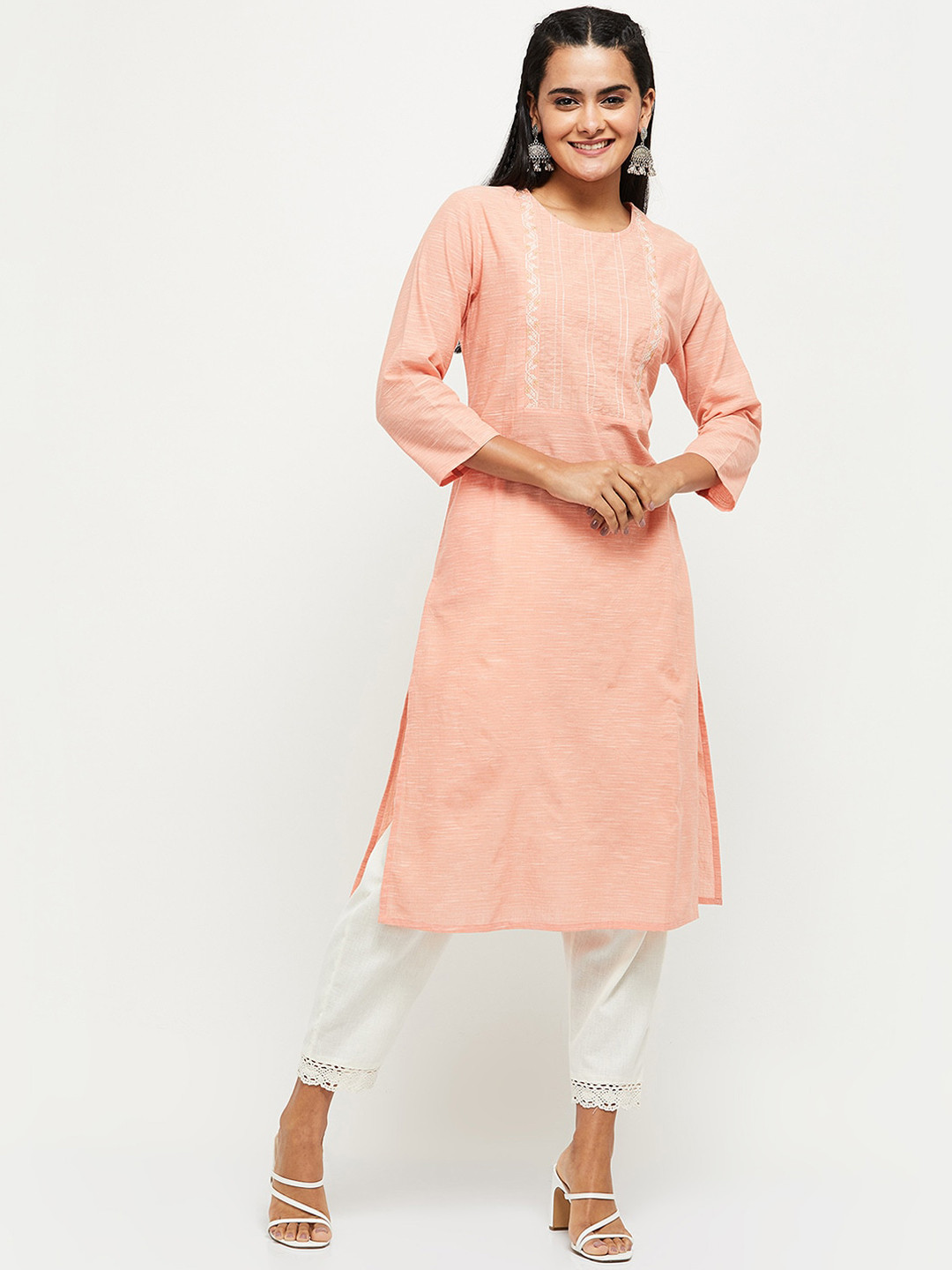 Women Peach Coloured Printed A-Line Kurta