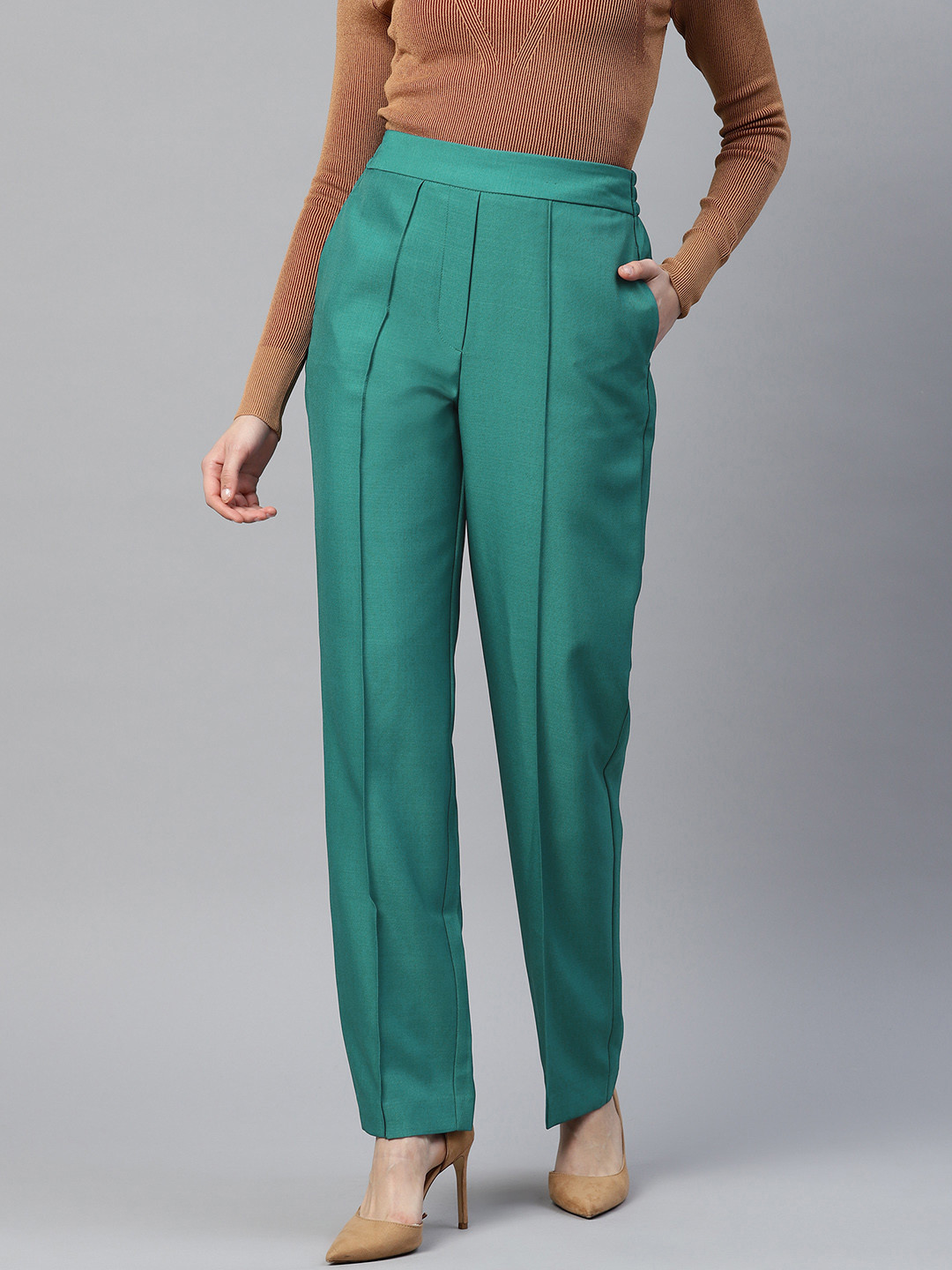 Buy Marks & Spencer Women Green High Rise Trousers Trousers for Women