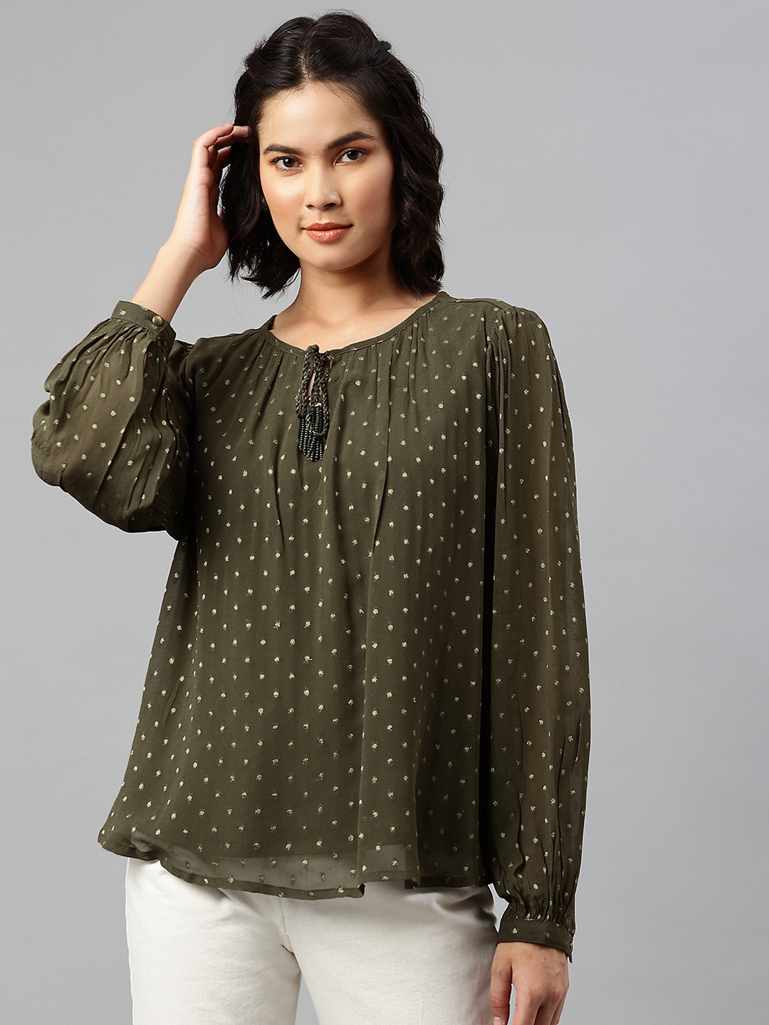 Women's Green Tie-Up Neck Top