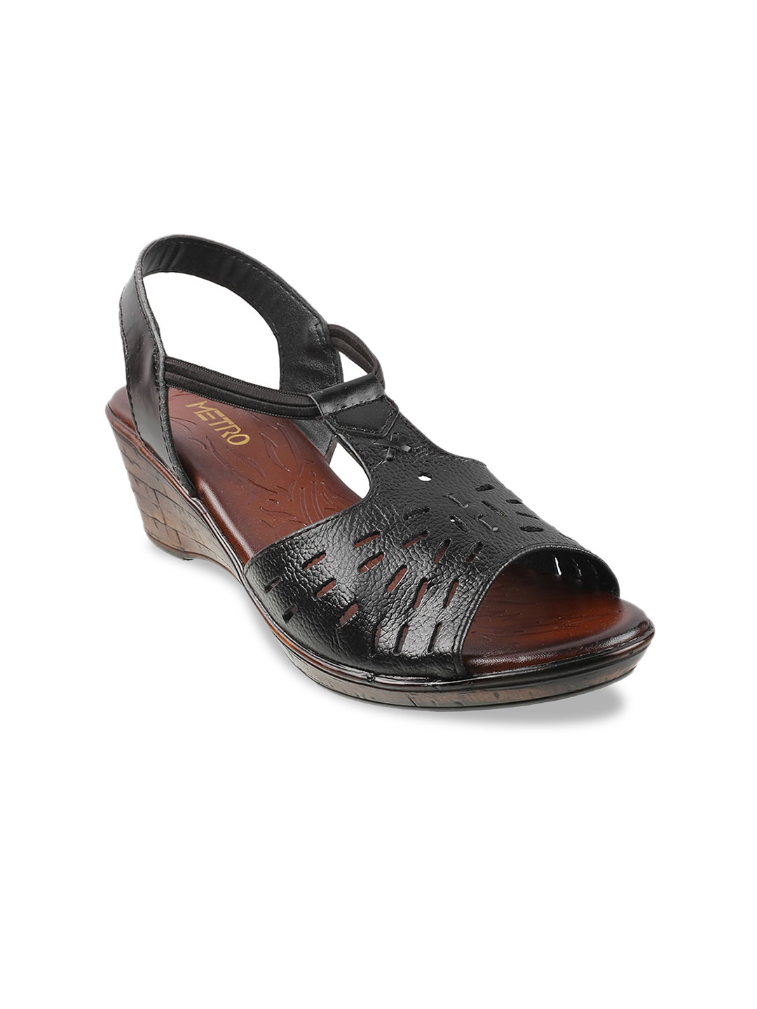 Buy Metro Black & Brown Textured Leather Wedge Heels With Laser Cuts