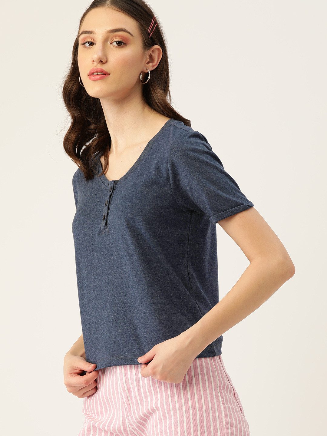 Buy DressBerry Women Navy Blue Solid Melange Effect T Shirt Tshirts