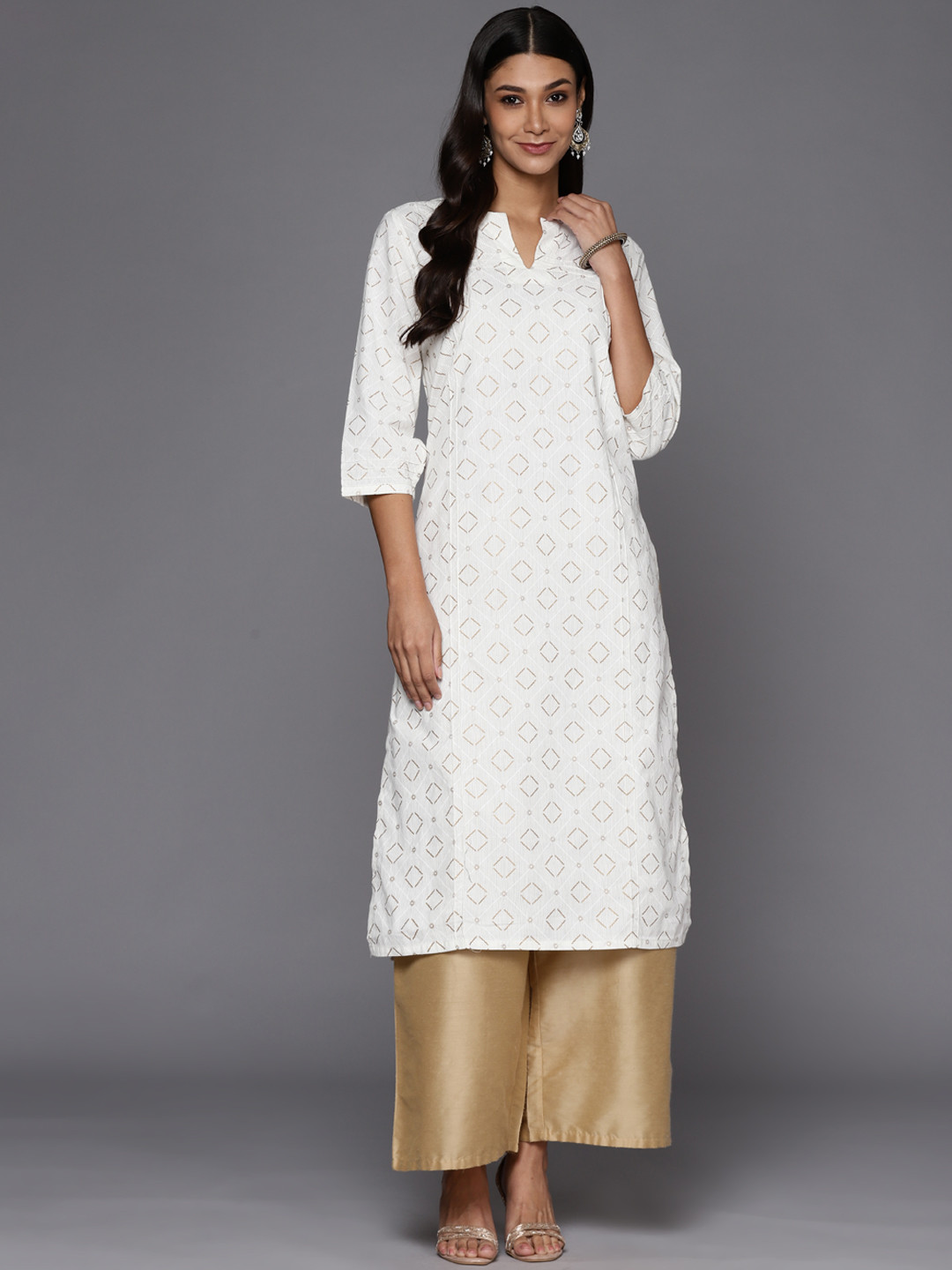 Women'S Off-White & Golden Bird Block Print A-Line Kurta main image 1