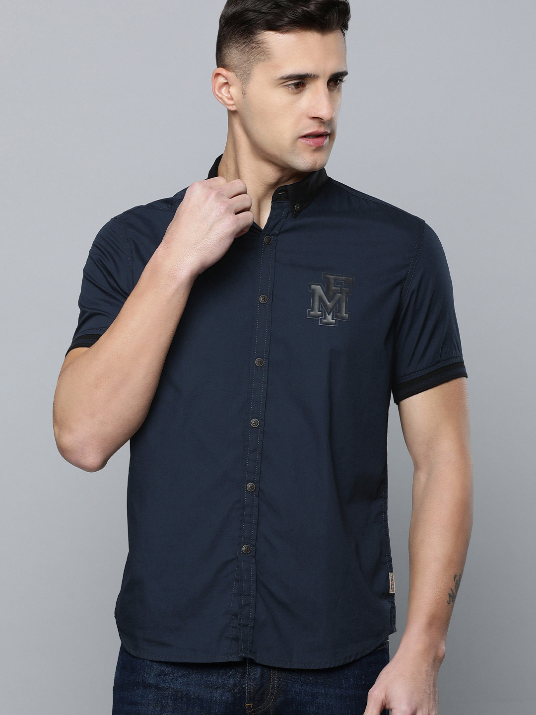 Buy Flying Machine Men Navy Blue Slim Fit Solid Opaque Pure Cotton ...