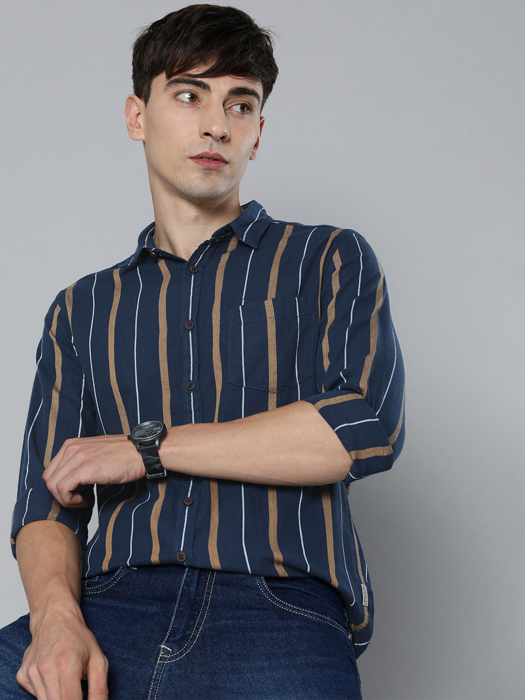 Buy Flying Machine Men Navy Blue & Brown Slim Fit Striped Pure Cotton ...