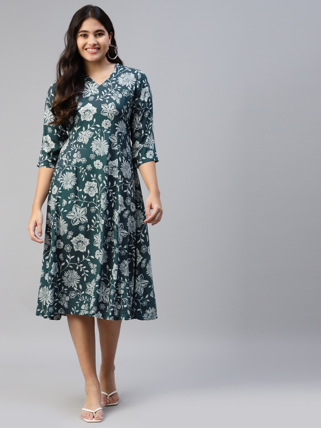 Buy Ayaany Women Teal Green Floral Midi Dress - Dresses for Women ...