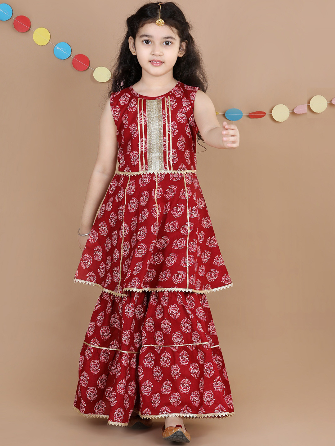 Girls Red Floral Printed Kurta With Sharara