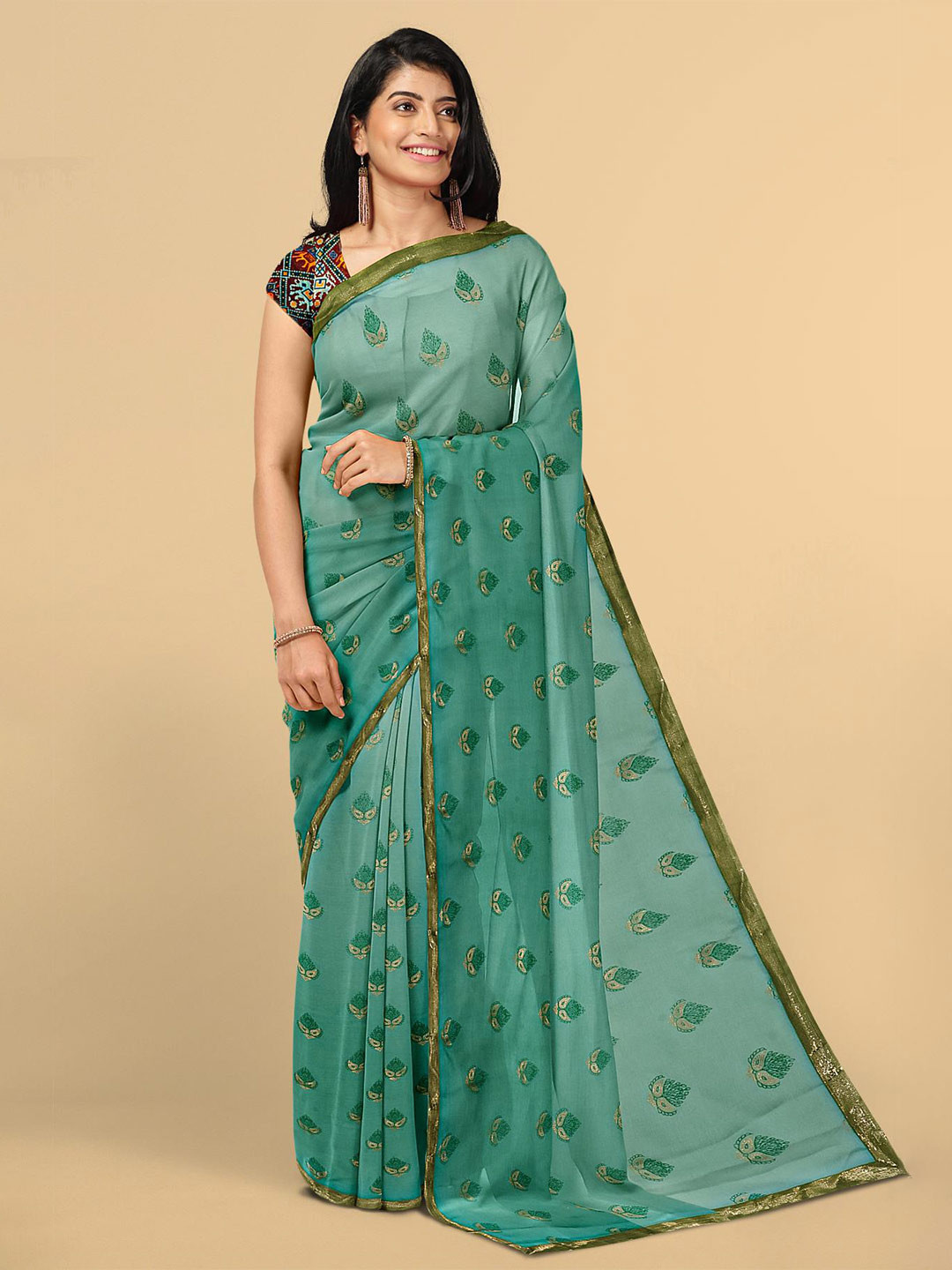 Buy Kalamandir Green Floral Silk Blend Saree Sarees for Women