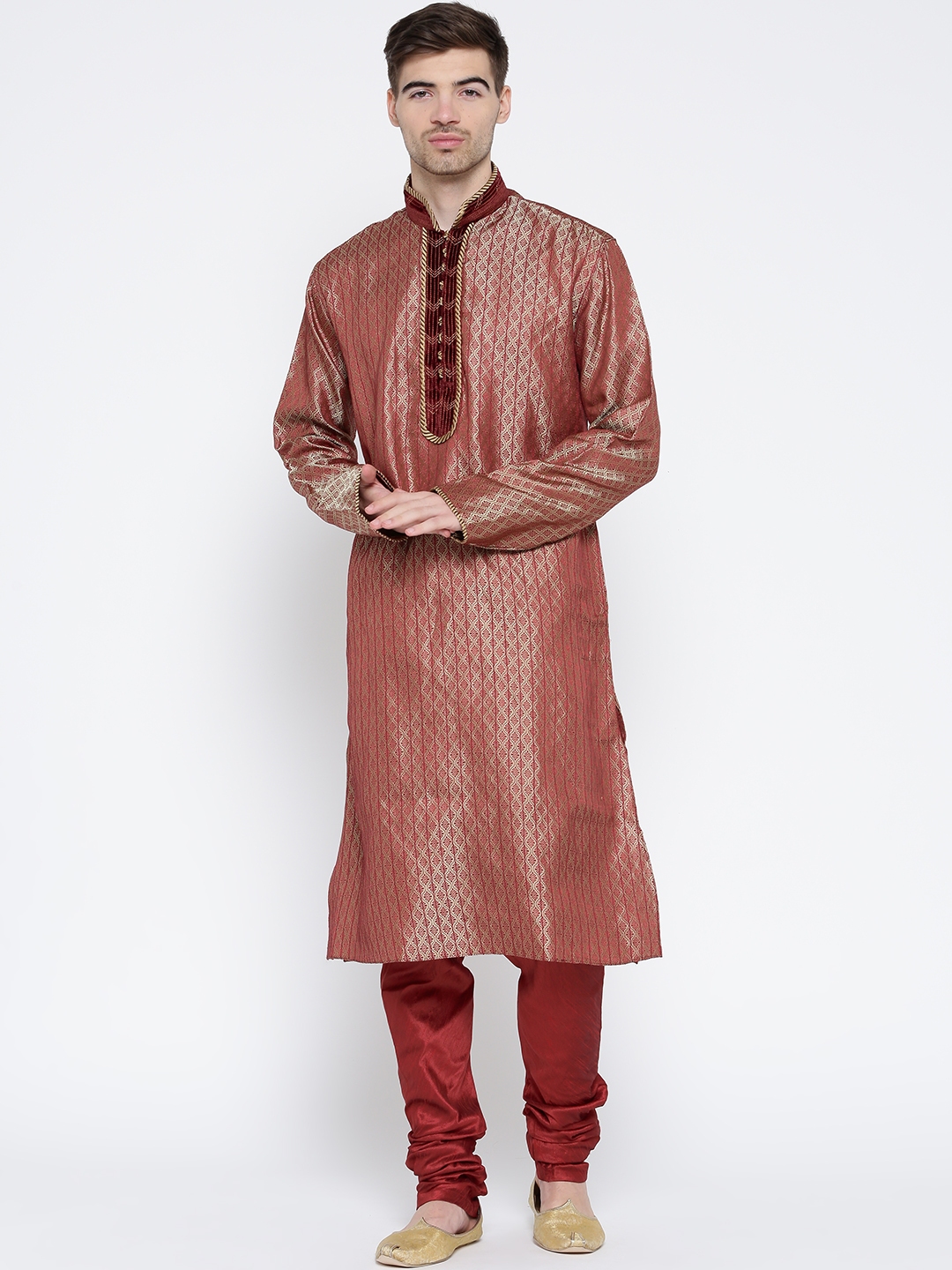 Buy Manish Creations Men Red & Beige Brocade Kurta With Pyjama - Kurta ...