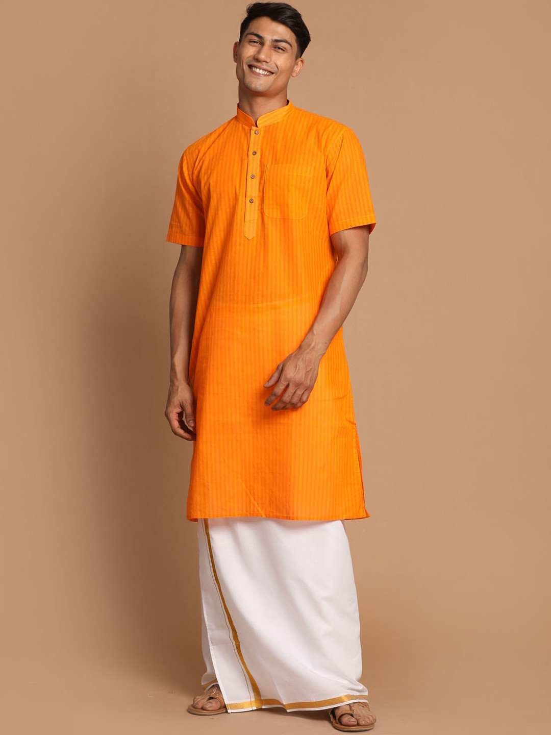 Men'S Orange Woven Kurta Only