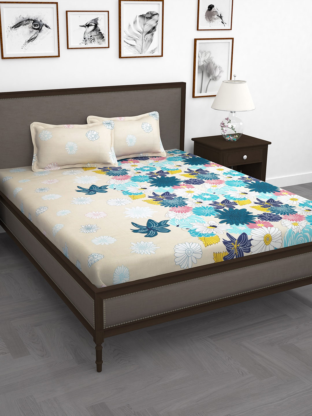 Buy Storyhome Cream Coloured Blue Floral 210 TC King Bedsheet With 2