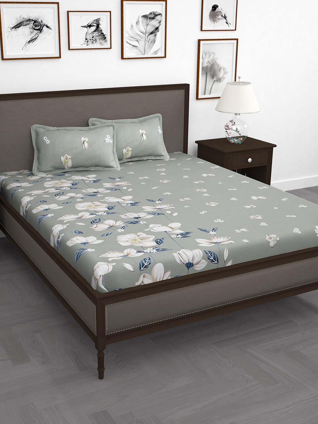 Buy Storyhome Grey & White Floral King Bedsheet With 2 Pillow Covers