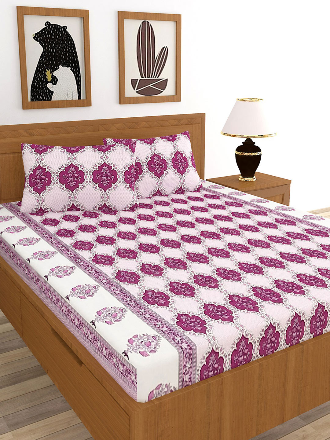 Buy MORADO Pink & White Geometric 210 TC Queen Bedsheet With 2 Pillow