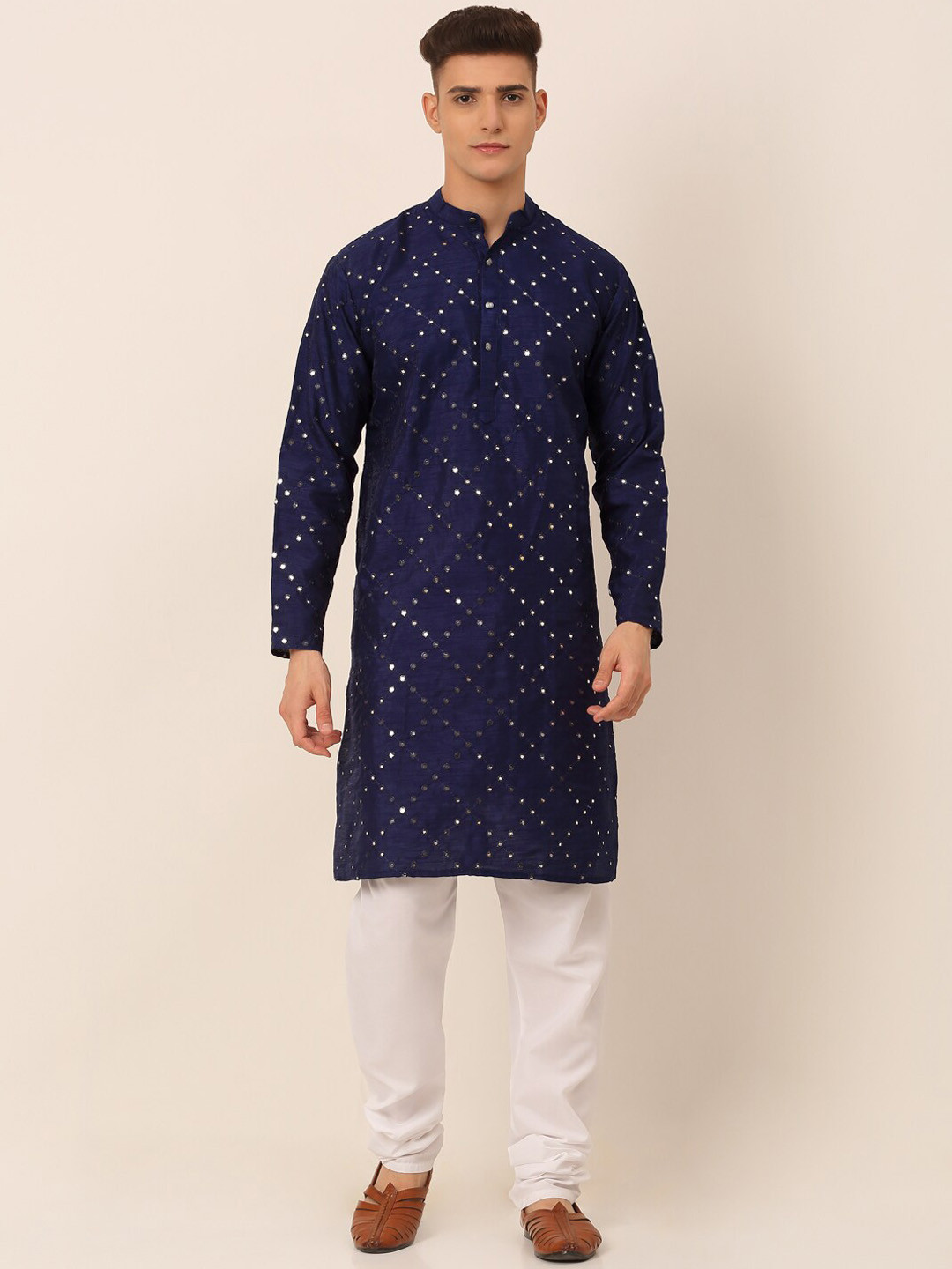 Buy Jompers Men Navy Blue Mirror Work Dupion Silk Kurta With Pyjama