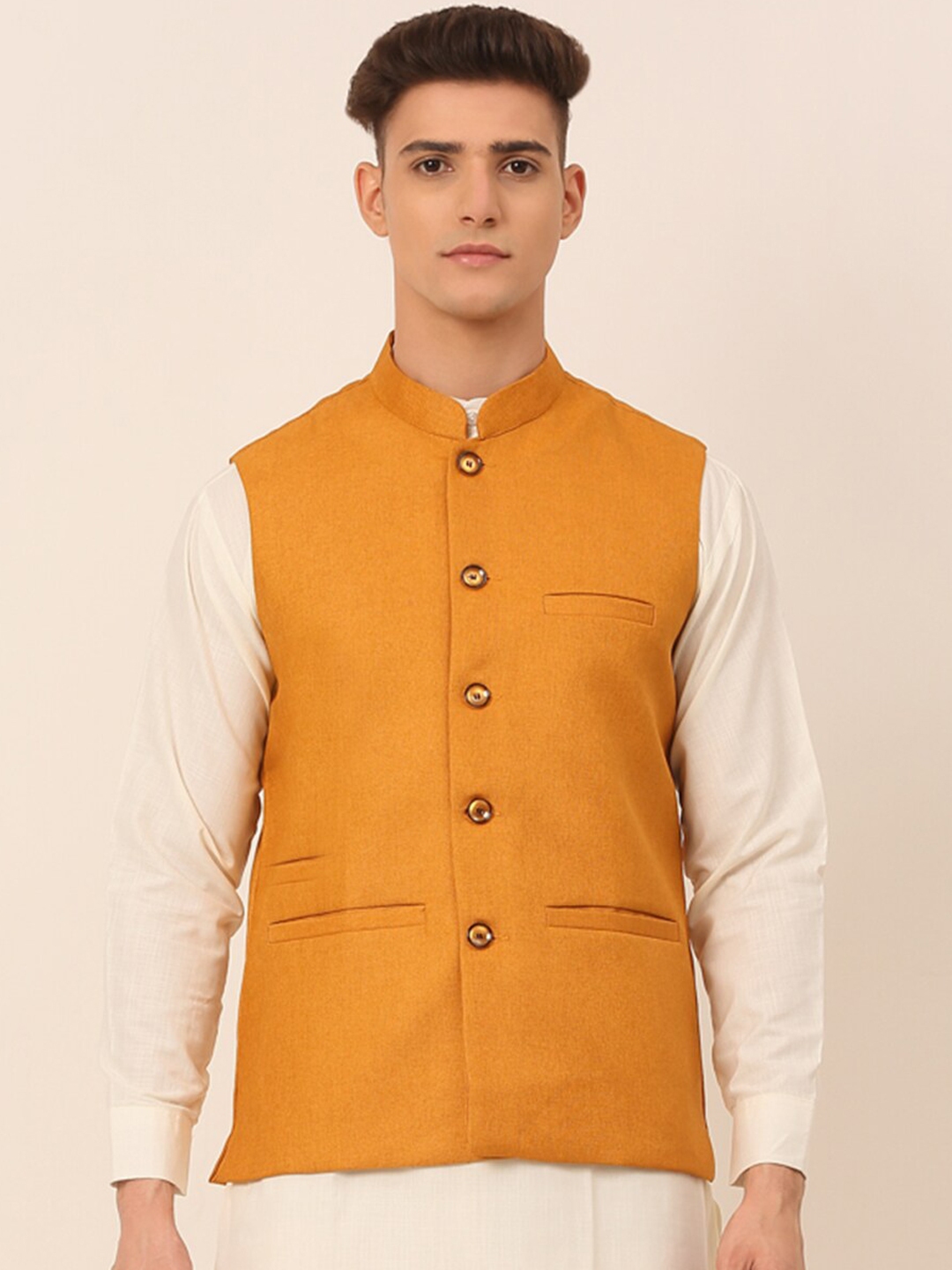 Buy Jompers Men Mustard Solid Cotton Woven Nehru Jacket Nehru Jackets