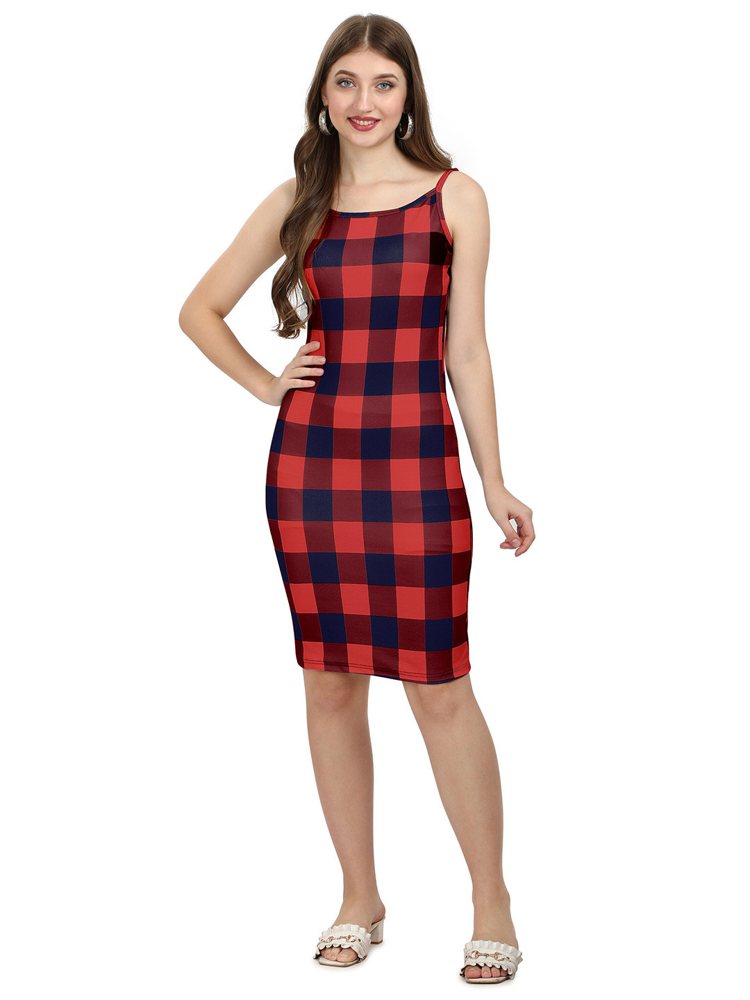 Buy SWEETPEL Red & Blue Checked Bodycon Dress Dresses for Women