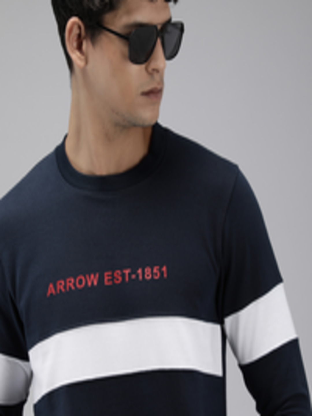 Buy Arrow Round Neck Typography Print Detail & Colourblocked Sweatshirt ...