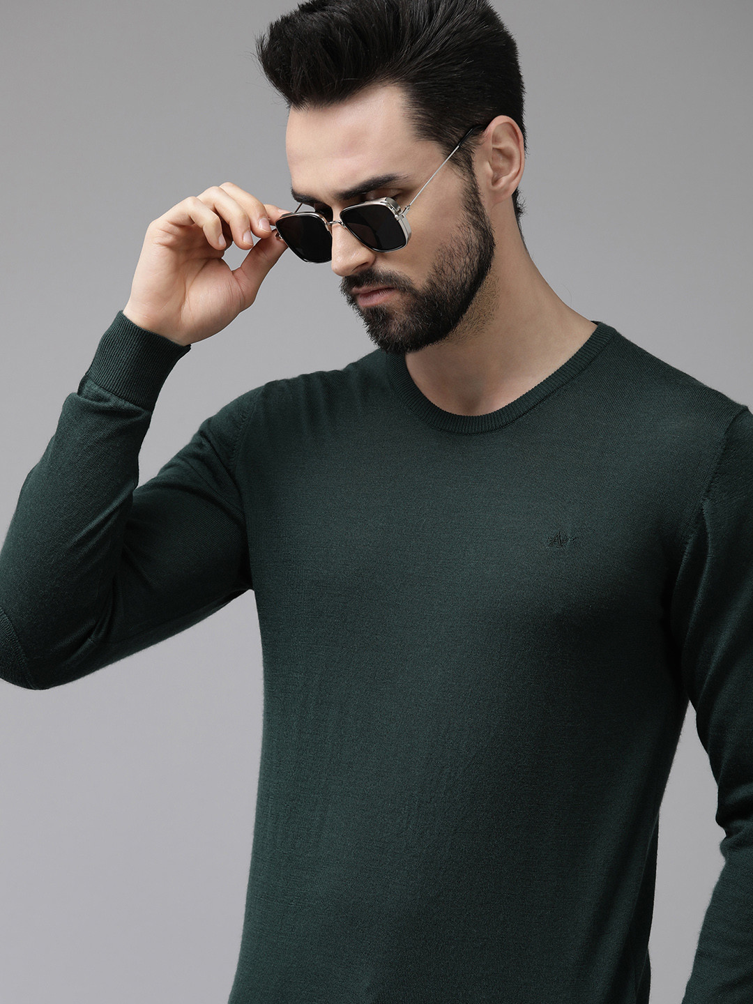 Buy Arrow Men Green Solid Merino Wool Pullover With Elbow Patches