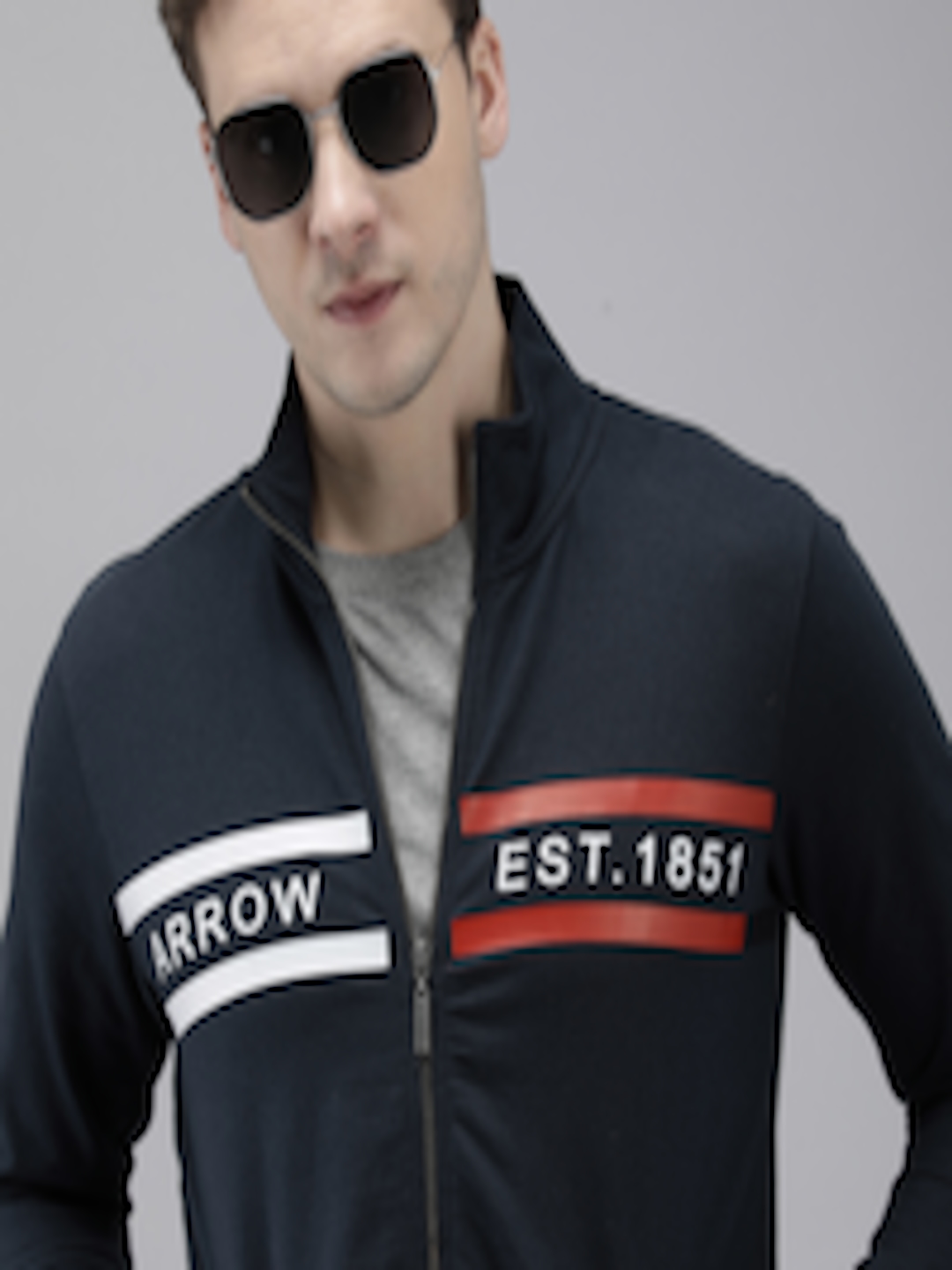 Buy Arrow Mock Collar Printed Long Sleeves Front Open Sweatshirt ...