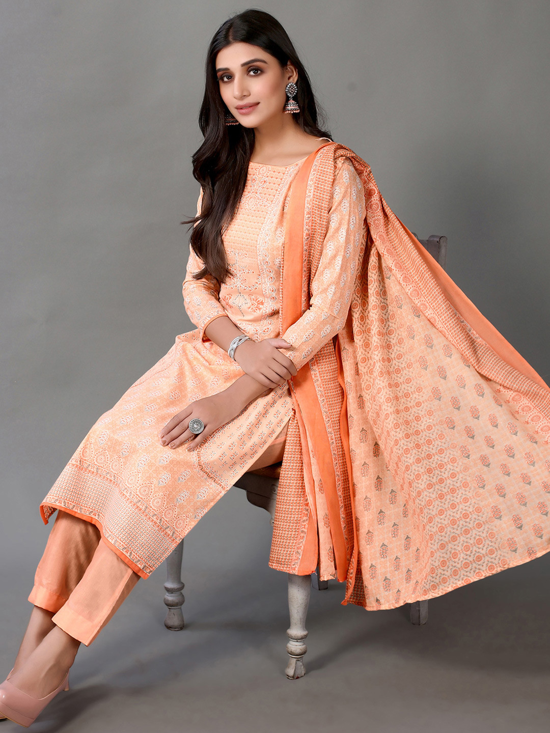 Buy Satrani Orange & White Printed Unstitched Dress Material Dress Material for Women 19263056