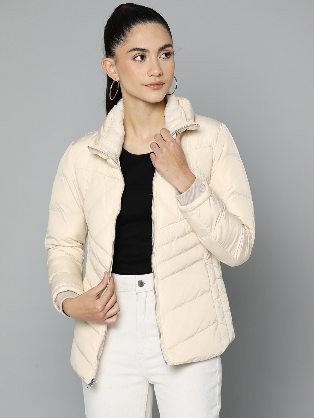 Buy Fort Collins Women Off White Solid Faux Fur Padded Jacket Jackets