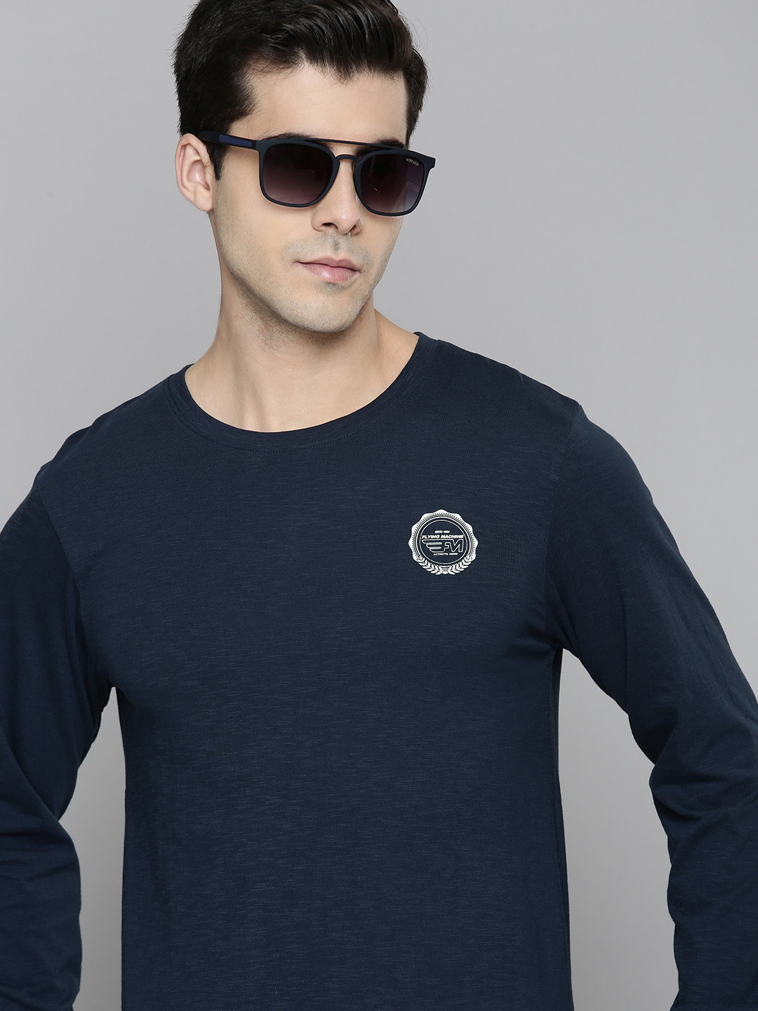 Buy Flying Machine Men Navy Blue & White Brand Logo Printed Pure Cotton ...