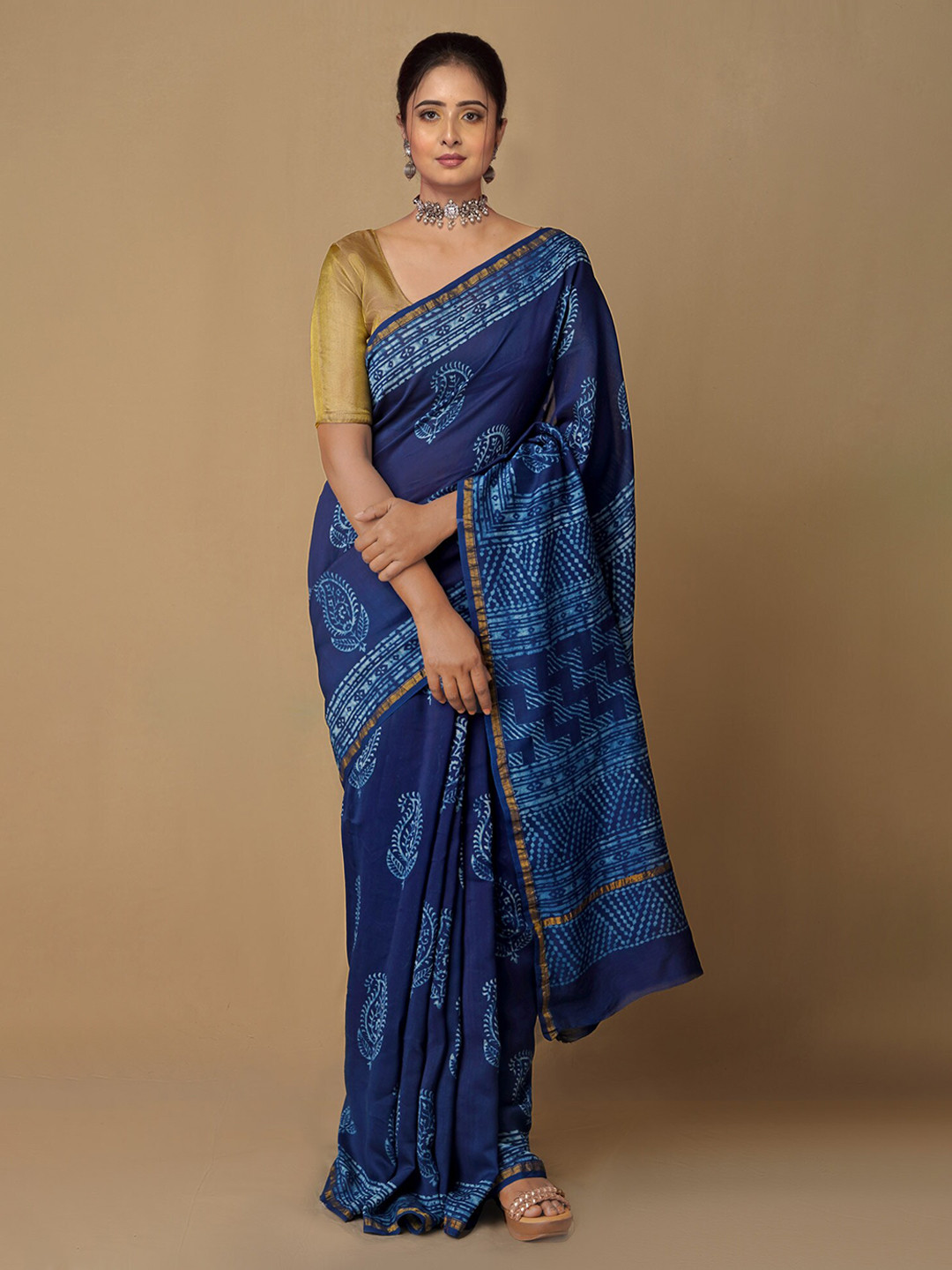 Buy Unnati Silks Navy Blue & White Ethnic Motifs Zari Pure Cotton