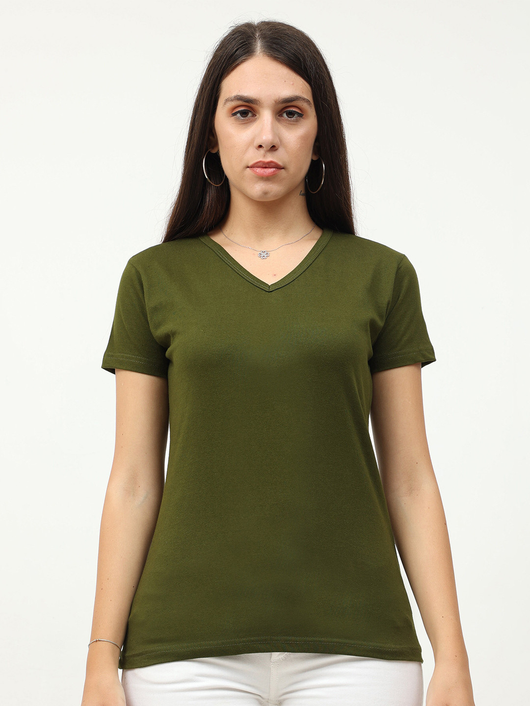 Buy Fleximaa Women Olive Green V Neck Cotton T Shirt - Tshirts for ...