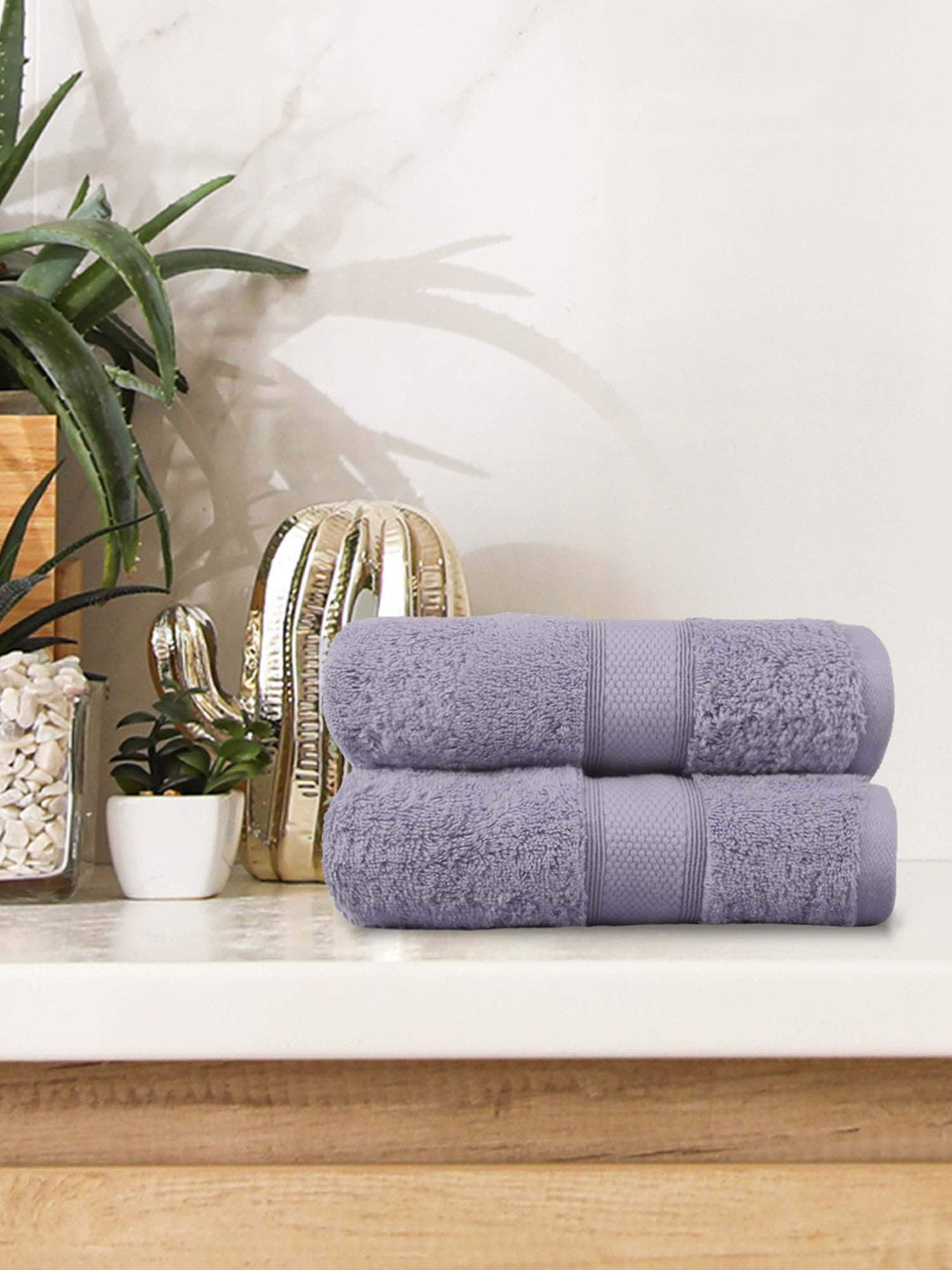 Buy MYTRIDENT Set Of 2 Purple Solid 500 GSM Cotton Hand Towels Hand