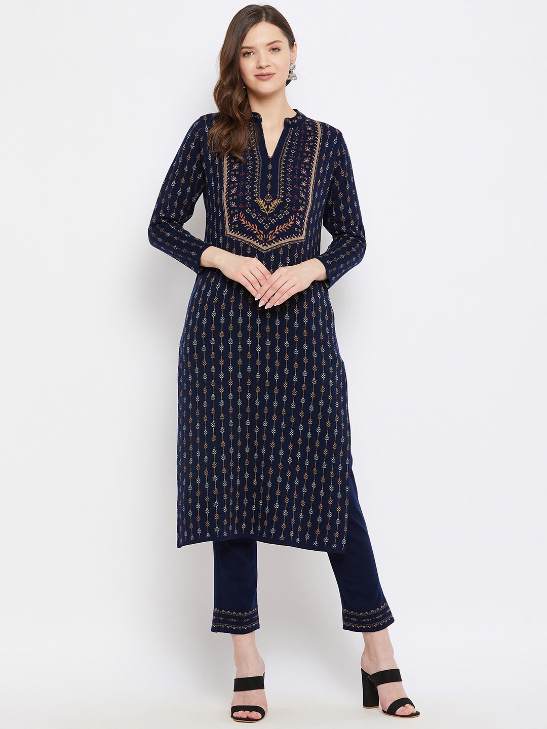 Women Navy Blue Printed Straight Kurta Trousers  Set