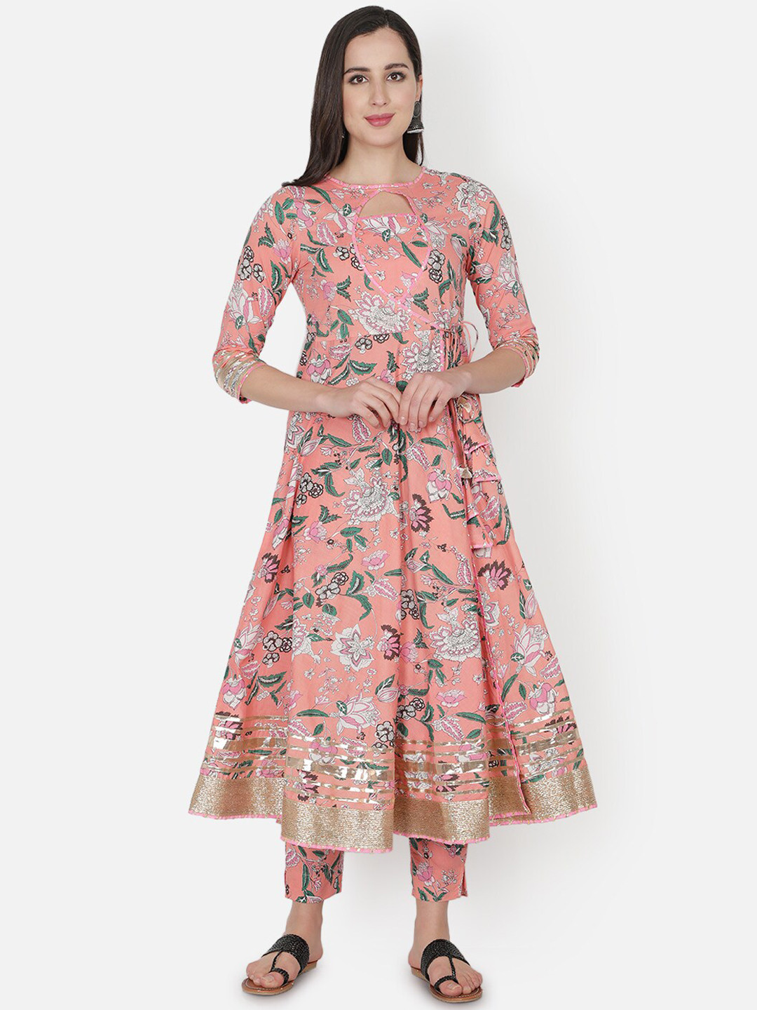 Women's Peach Embroidered Pleated Gotta Patti Kurta Sets with Palazzos & Dupatta