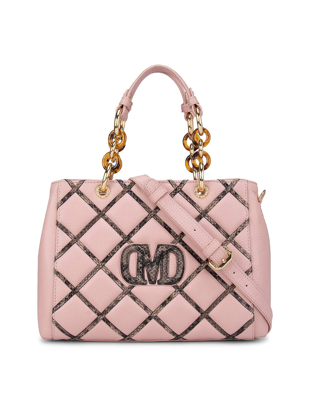 Buy Da Milano Pink Leather Structured Satchel With Quilted Handbags