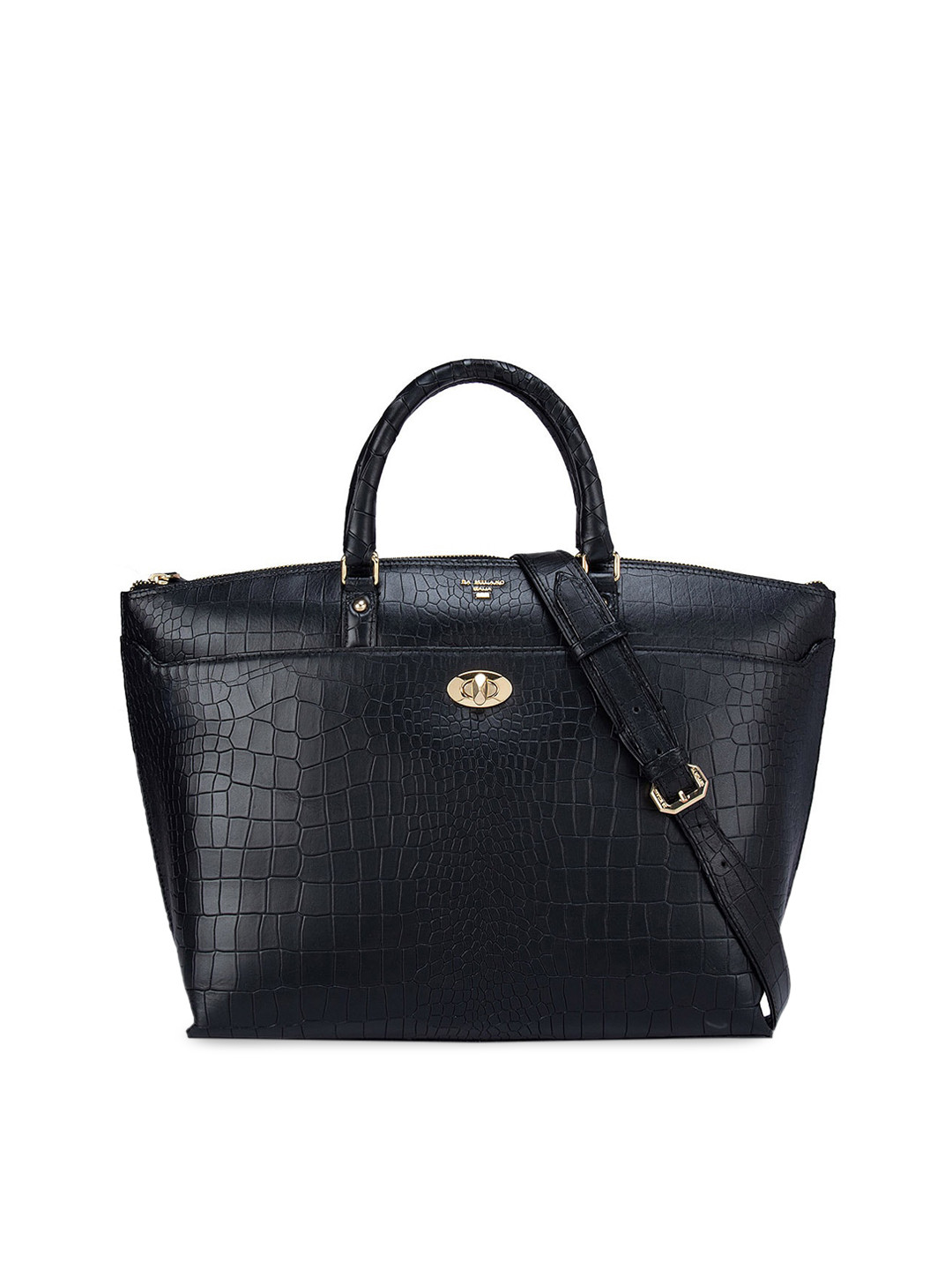 Buy Da Milano Black Textured Leather Oversized Structured Handheld Bag