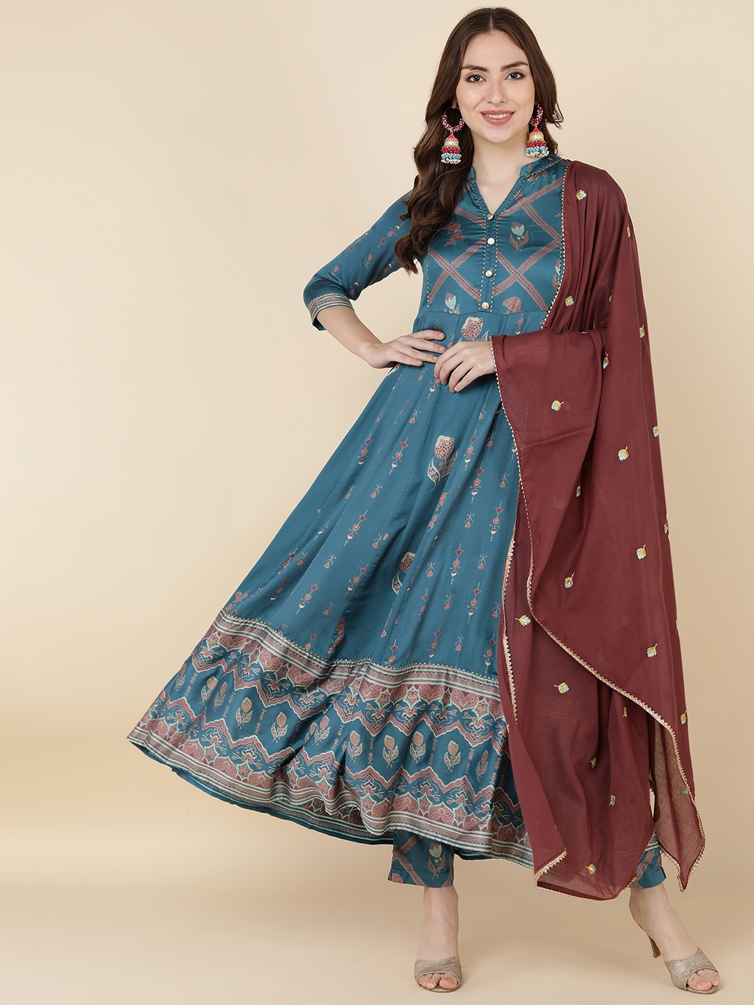 Buy MAAND Women Teal Floral Printed Anarkali Kurta With Trousers & With ...