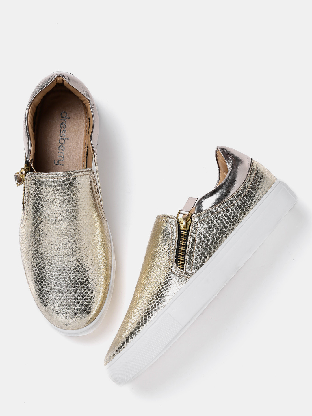 Buy DressBerry Women Gold Toned Snakeskin Textured Slip On Sneakers