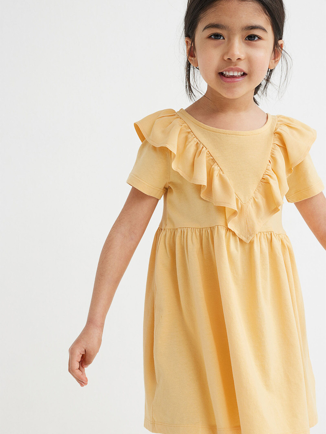 Buy H&M Yellow Ruffle Pure Cotton Fit And Flare Dress Dresses for