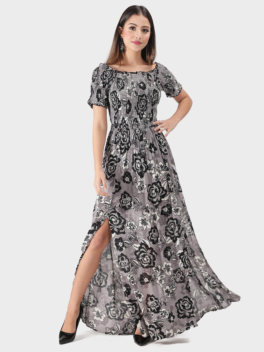 Buy DEBONATELLA Grey Floral Crepe Maxi Dress Dresses for Women