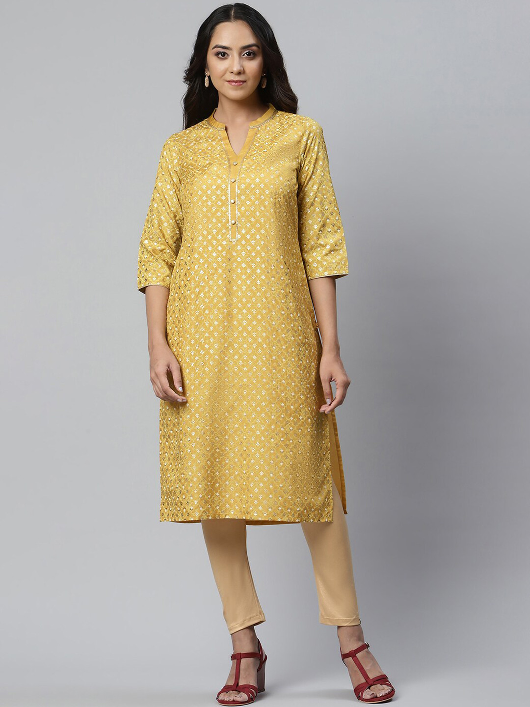 Women's Ethnic Yellow Floral Straight Kurta Set
