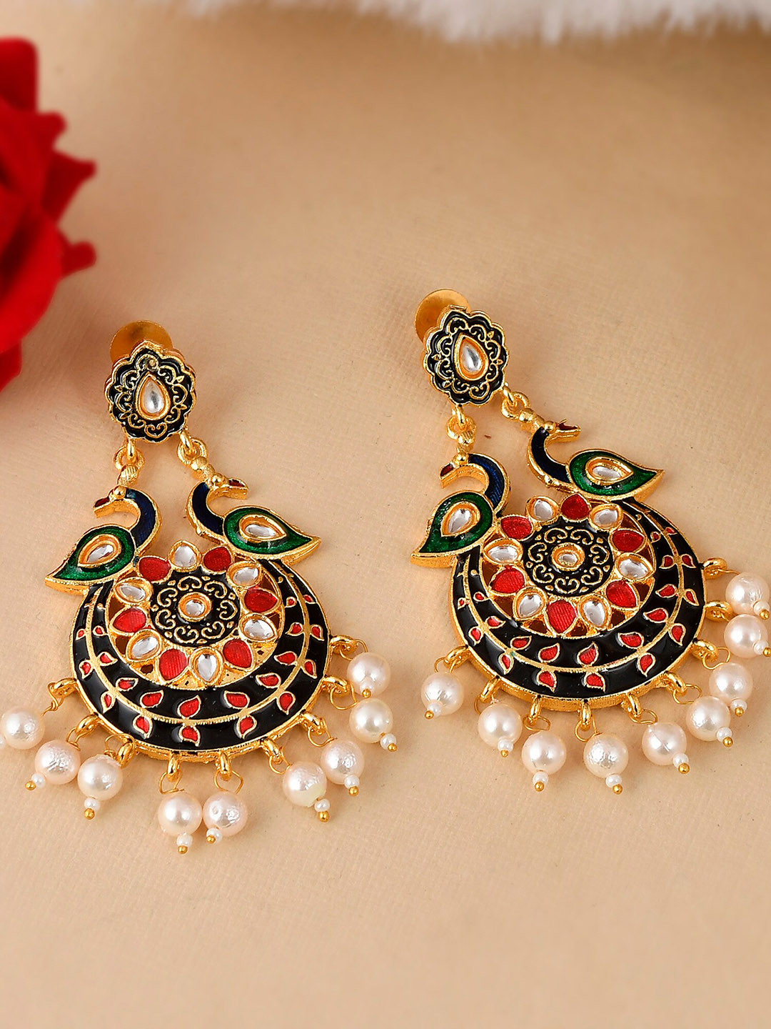 Buy DASTOOR Gold Toned & Green Contemporary Chandbalis Earrings
