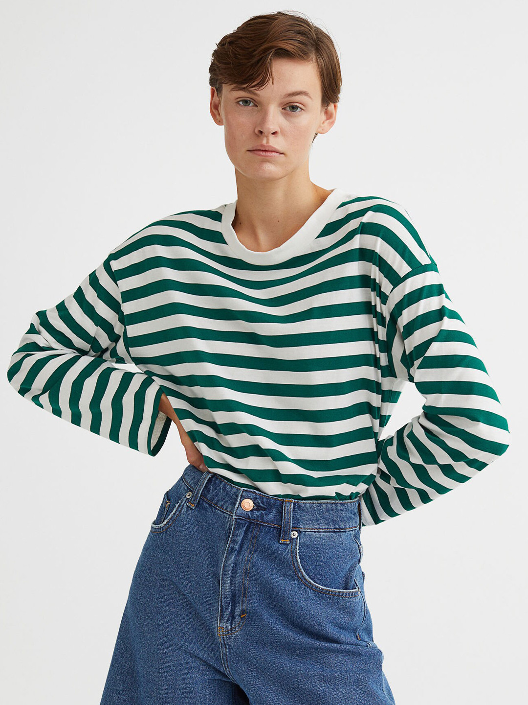 Buy H&M Green & White Pure Cotton Striped Top Tops for Women 19283170