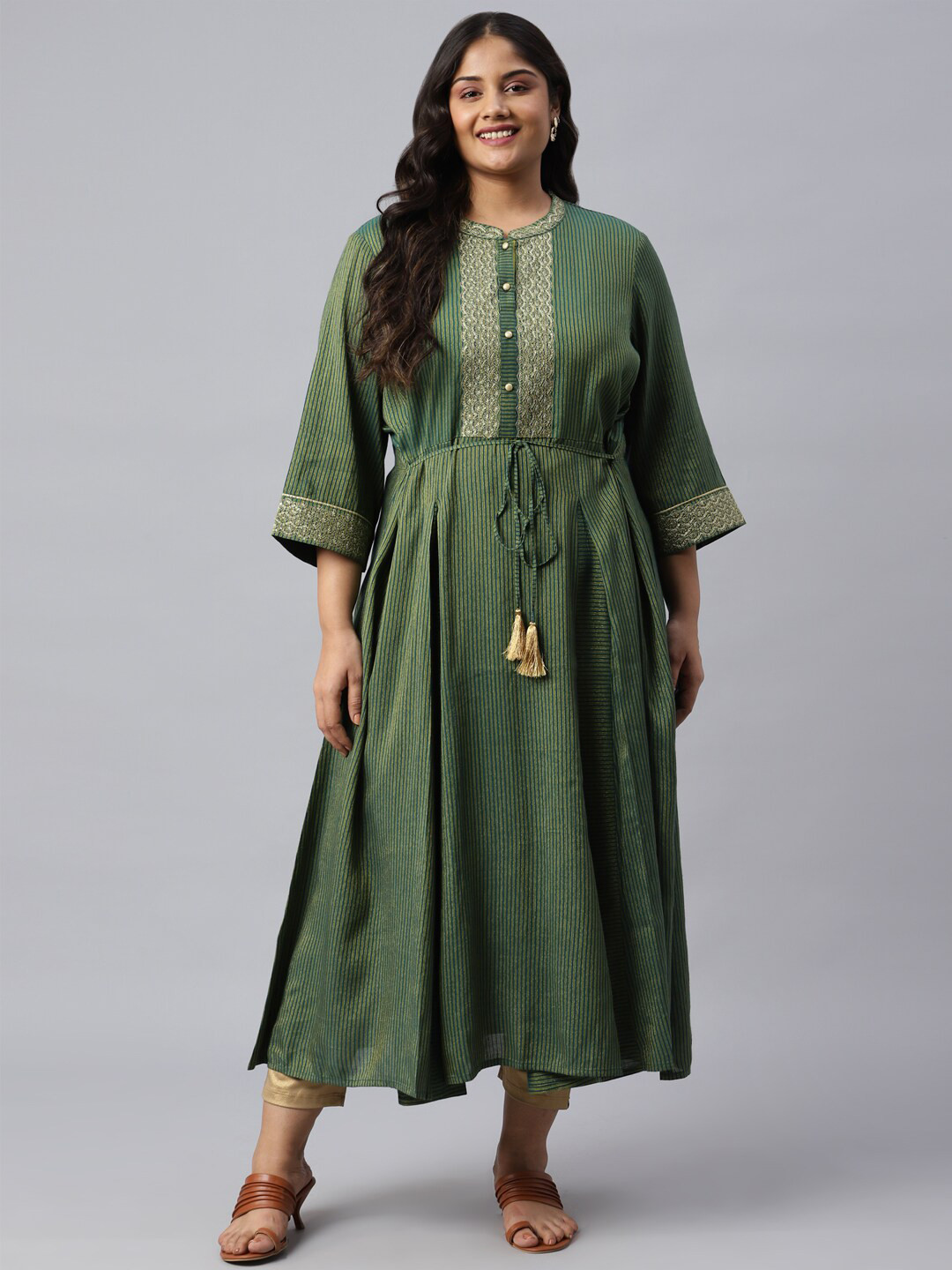 Green Yarn-Dyed Stripe Print LIVA Dress
