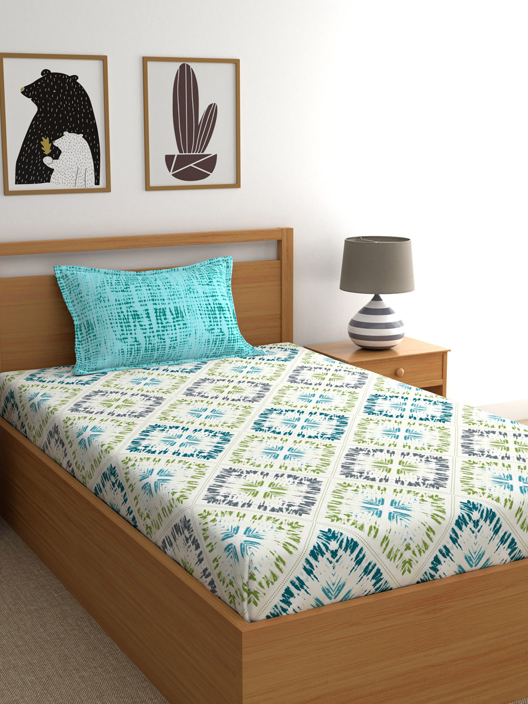 Buy Dreamscape Blue & White Printed 140 TC Single Bedsheet With 1