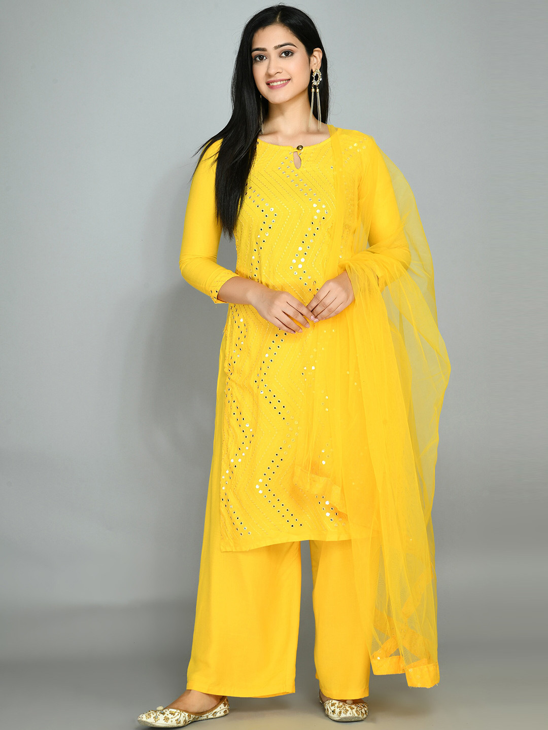 Women's Embellished Yellow Mirror Work Kurta Set with Dupatta