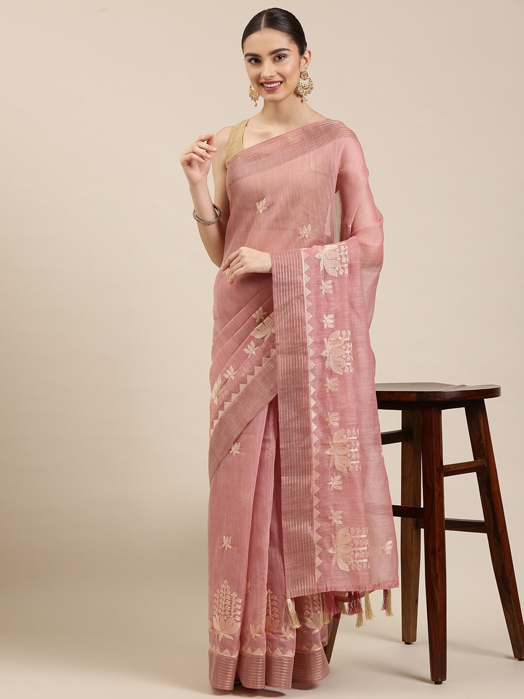 Buy The Chennai Silks Women Rose & Gold Toned Embellished Embroidered