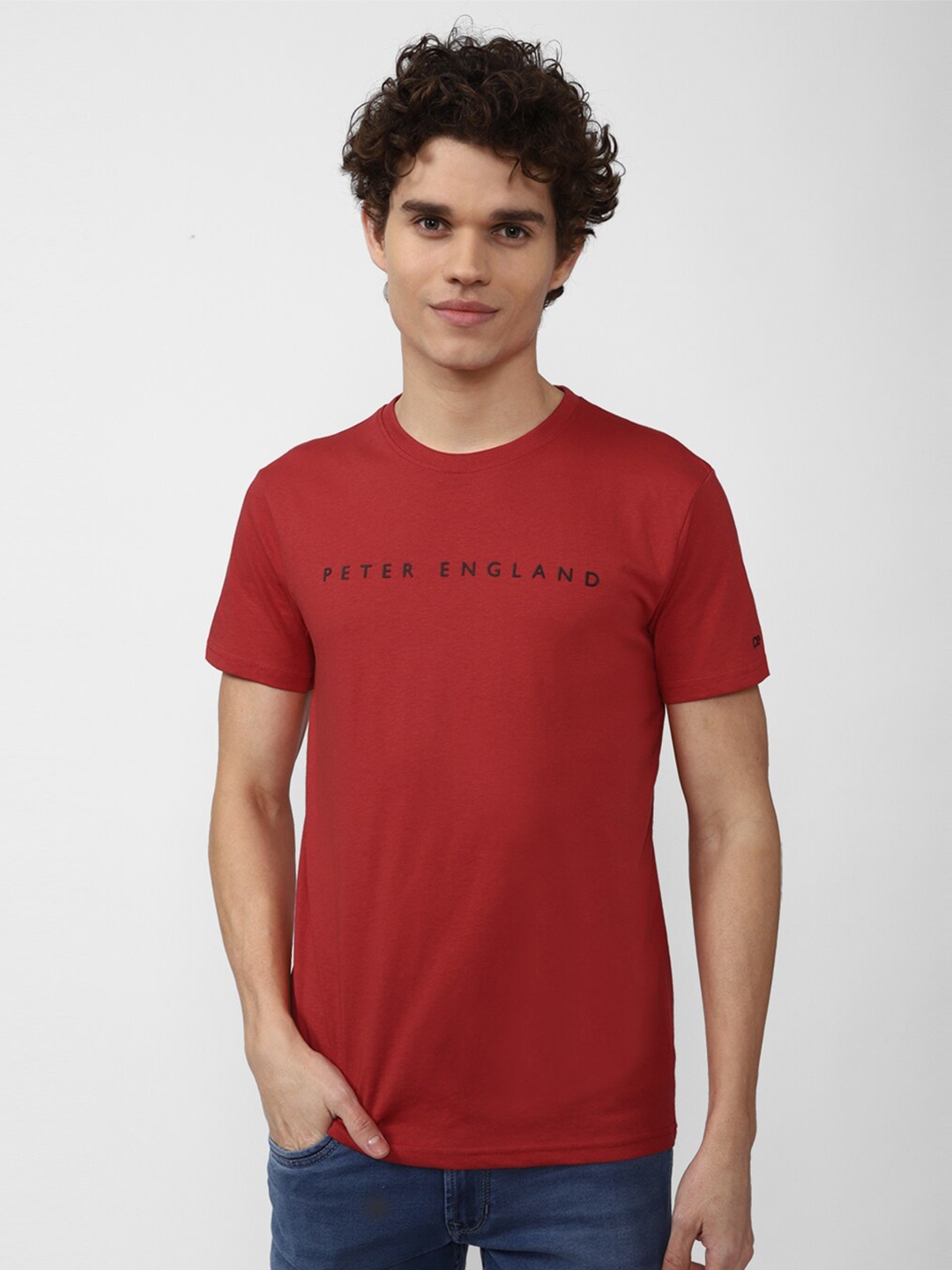Buy Peter England Casuals Men Maroon Typography Slim Fit T Shirt ...