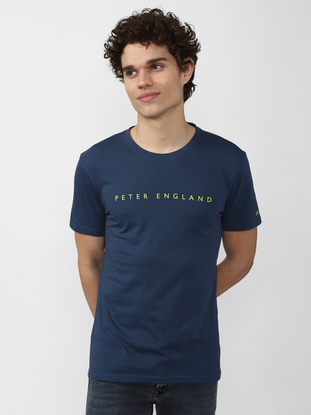 Buy Peter England Casuals Men Navy Blue Typography Printed Slim Fit T