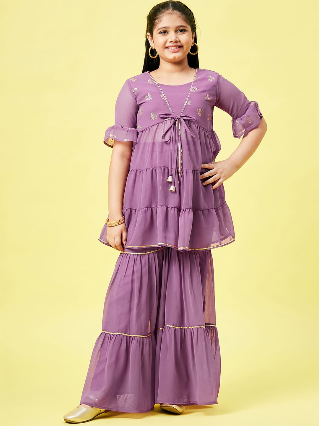 Campana Girls Nihira Flared Kurti - Floral Print - Lime Green & Magenta