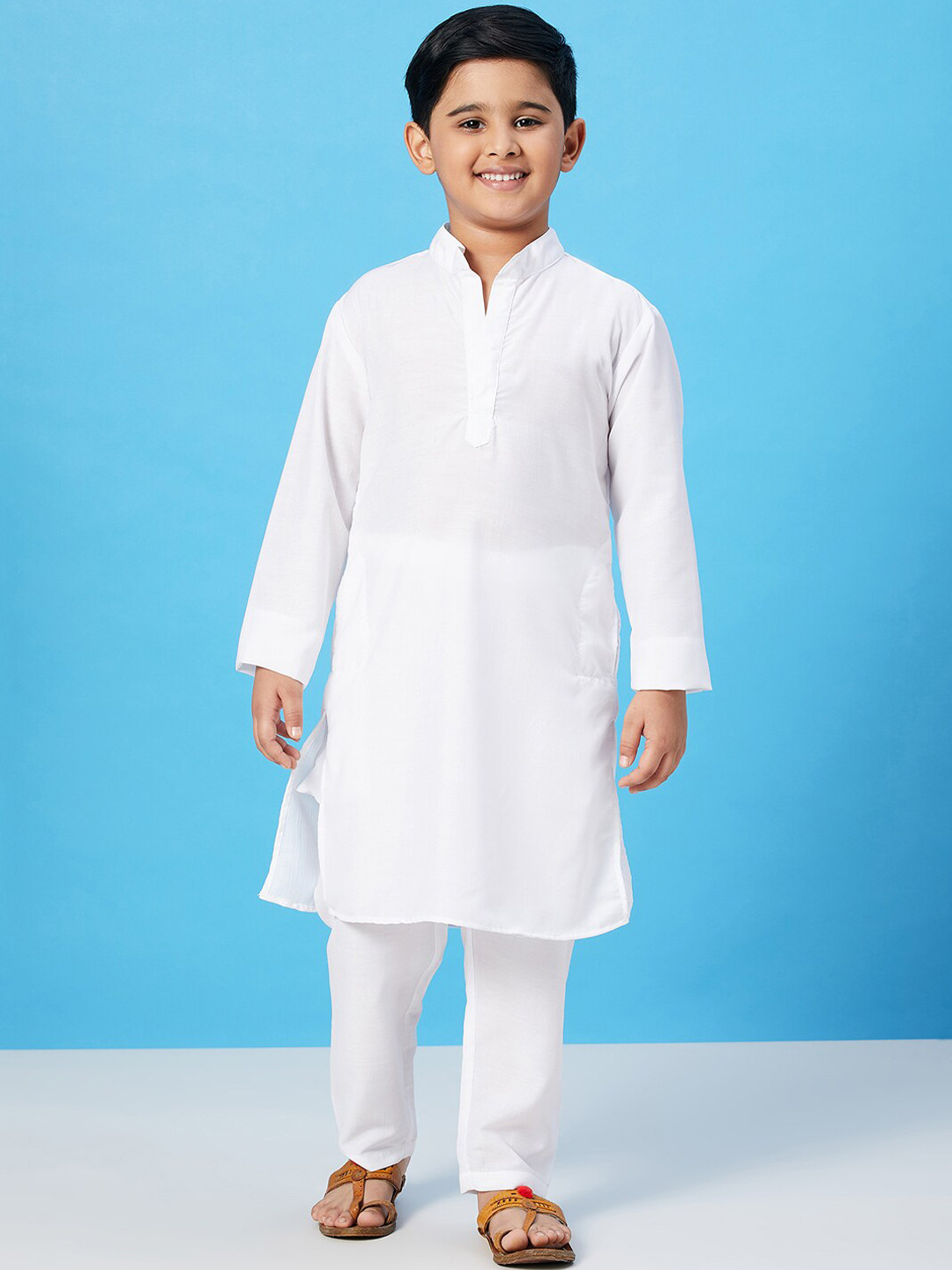White kurta set for boys with blue mirror bandhgala