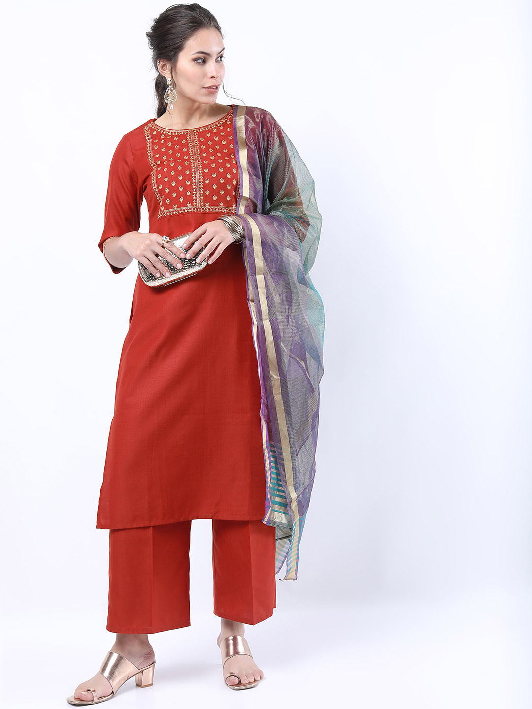 Rust Ethnic Motifs Straight Kurta with Trouser and Dupatta Set
