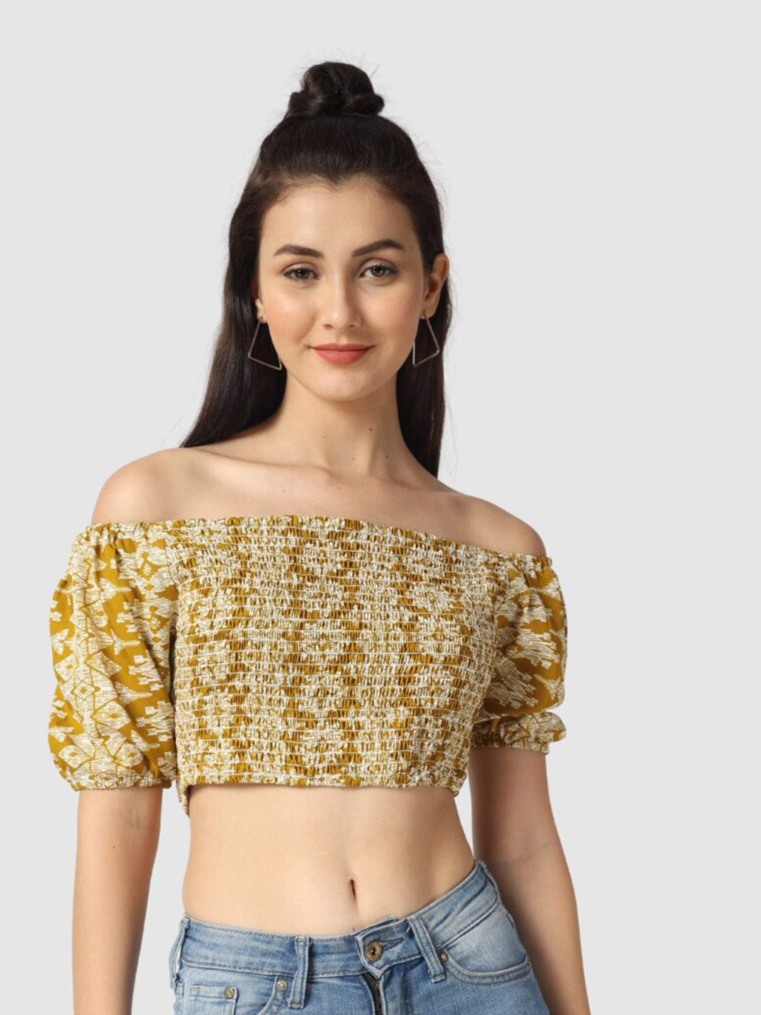 Buy The Label Bar Mustard Yellow Print Off Shoulder Crepe Bardot Crop